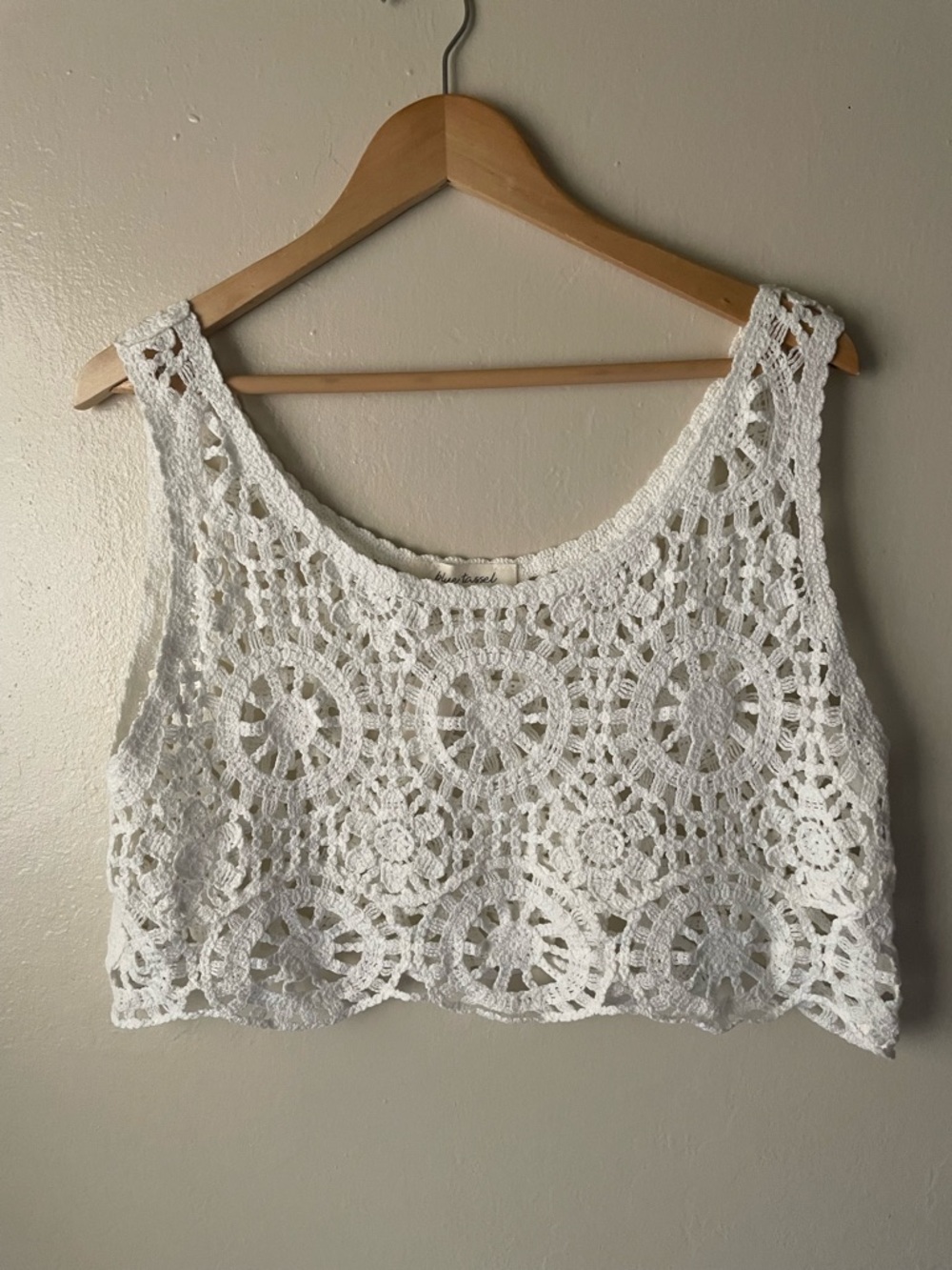 Blue Tassel by Anthologie women white crochet cropped top boho